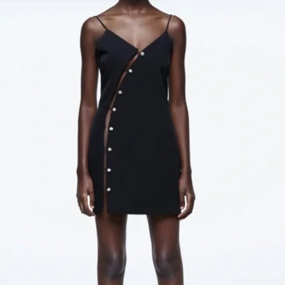 Zara NWT Button Jewel Black Mini Dress - Size S
